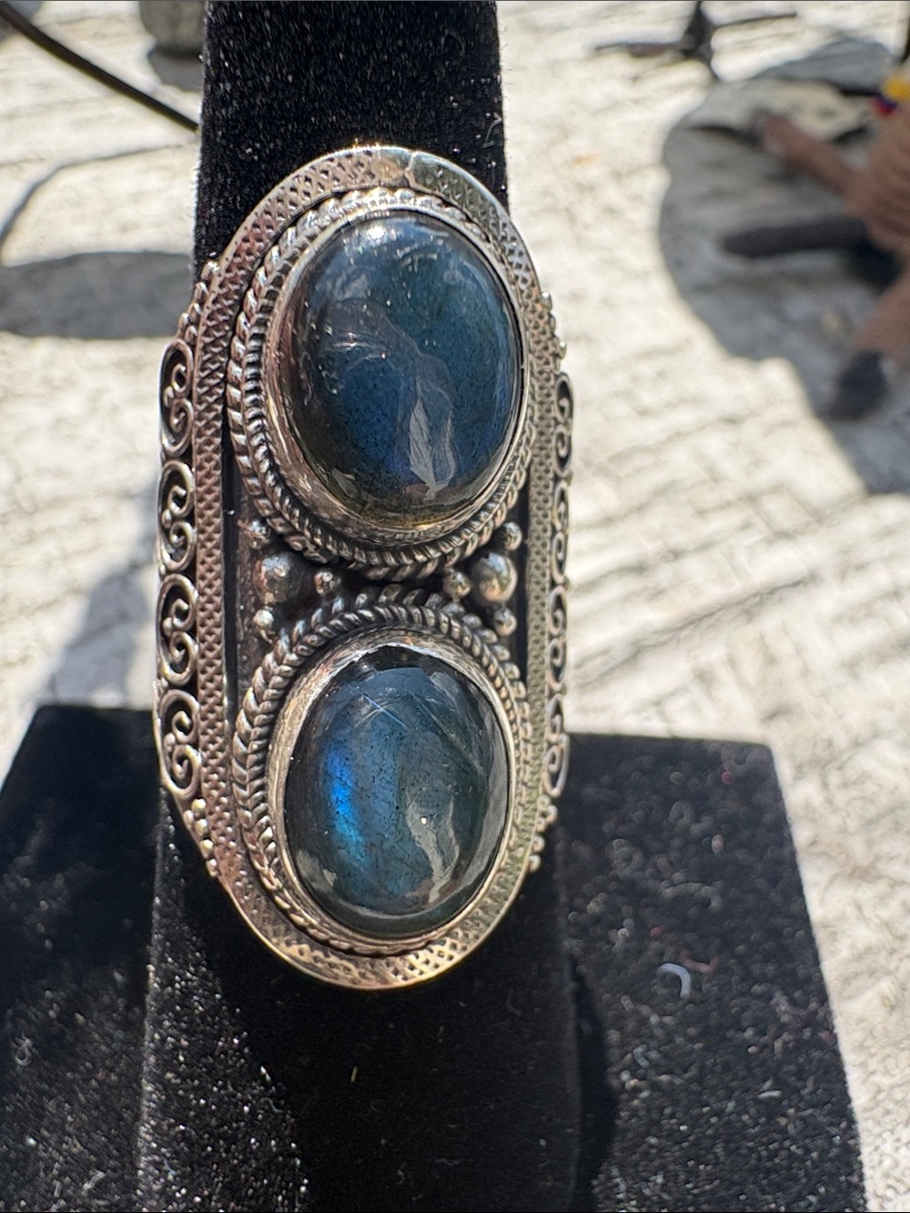 Double labradorite stone sterling silver filigree ring